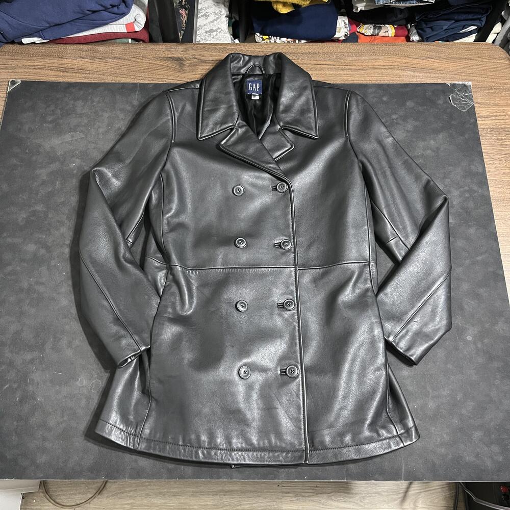 Gap Leather Pea Coat Womens Car Duster Black Vintage 90s Double Breasted Jacket